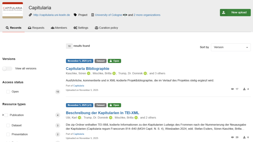 Screenshot der Capitularia-Zenodo-Community